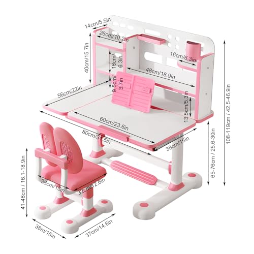 Adjustable Kids Study Desk and Chair Set with Tiltable Desktop and Storage