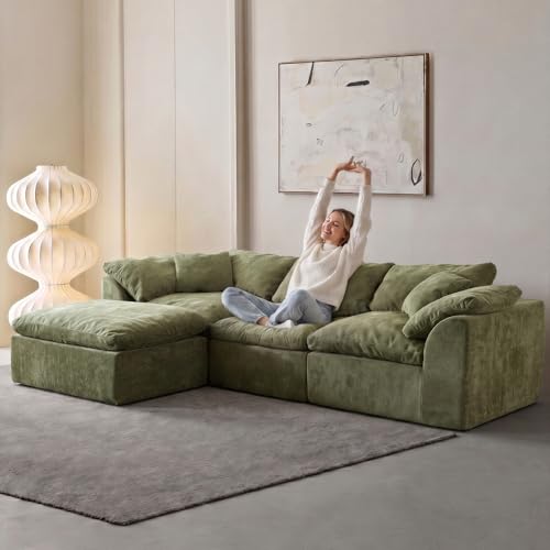 Oversized Modular Cloud Sectional Sofa with Chaise Lounge in Green Chenille