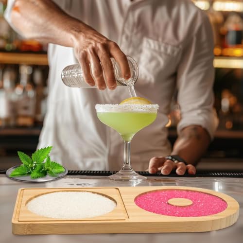 MUGVELL 12.6x6.3 Inch Cocktail Salt Rimmer Set with Dual-Seasoning Stainless Steel & Bamboo Stand