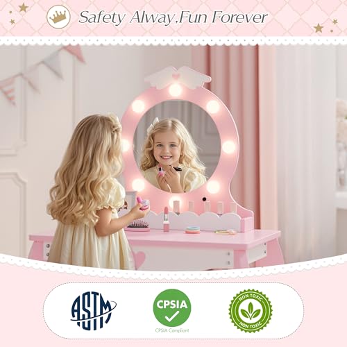 Kids Vanity Set with Lighted Mirror and Stool - Pink Princess Makeup Desk