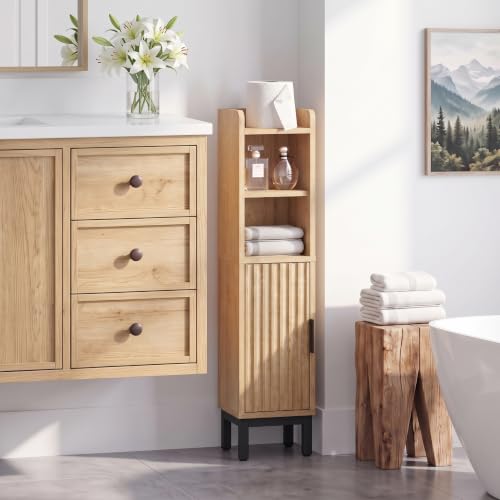 FerniTry Oak 4-Tier Narrow Corner Bathroom Storage Cabinet - Floor Toilet Paper Organizer