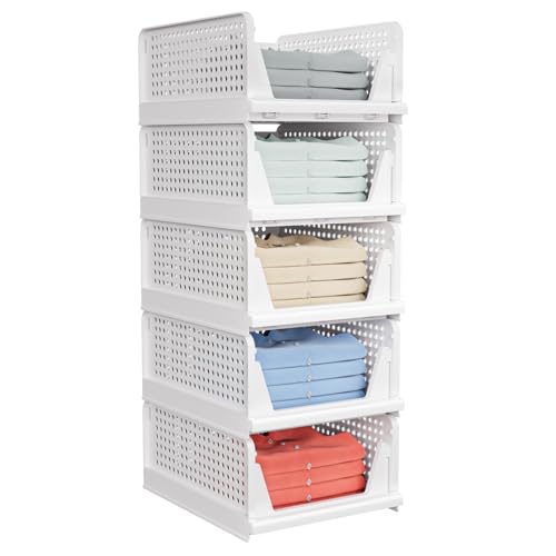 5 Pack Stackable Closet Storage Baskets Foldable Wardrobe Bins