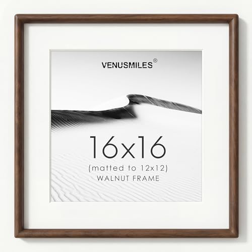 Venusmiles Walnut 16x16 Inch Picture Frame for 12x12 Photos - Solid Hardwood Mount