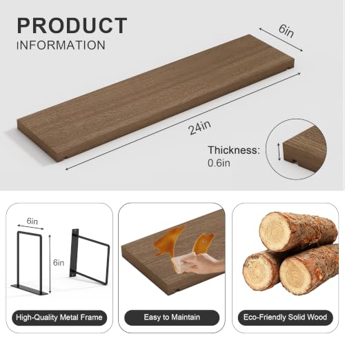 24-Inch Floating Wall Shelves, Set of 3 Rustic Wood Shelves for Storage