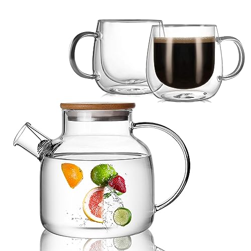 CNGLASS Stovetop Safe Glass Teapot 40.6oz with Double Walled Coffee Mugs 10oz (2 Pack)