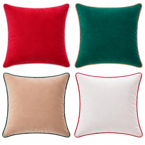 MONDAY MOOSE Christmas Decorative Throw Pillow Covers Set of 4, 16x16 Inch Velvet, Red/Green/Beige/White
