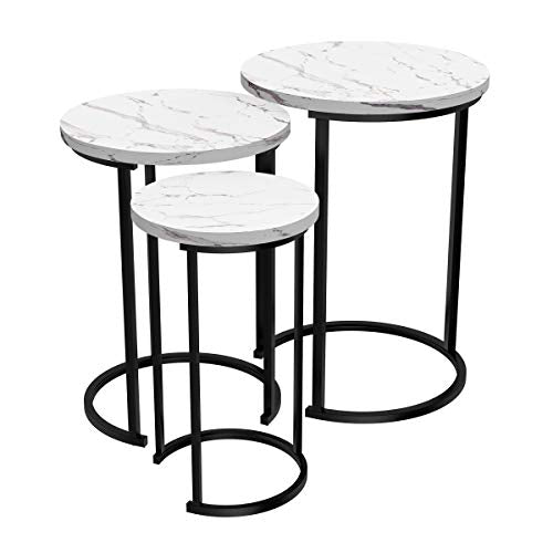 3-Piece Round Nesting Side Table Set, Faux Marble Top with Metal Base