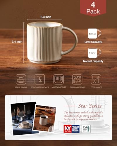 Famiware Star Cappuccino 12oz Coffee Mug Set of 4 with Handle - Handcrafted Ceramic Cups