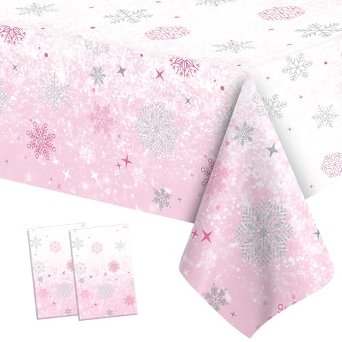 Pink Snowflake Plastic Tablecloth 54x108 Inch Winter Wonderland Party Decor - 2 Pack