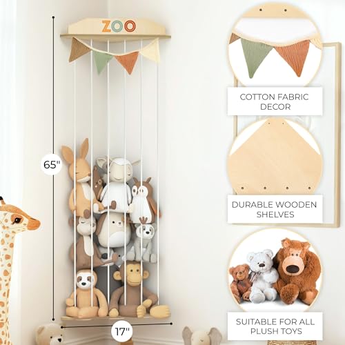Corner Stuffed Animal Storage Zoo with Wooden Shelves and Hanging Garland