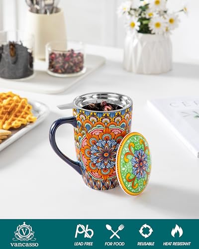 Vancasso Burnt-Cobalt Mandala Ceramic Tea Mug with Infuser & Lid, 18oz