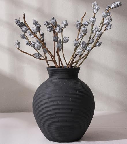 Black Ceramic Flower Vase - 7.4" Handcrafted Farmhouse Table Decor