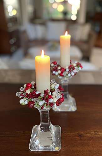 Crystal & Pearl Berry Candle Ring, 4in - Red, Cream & Glass-Coated Berries