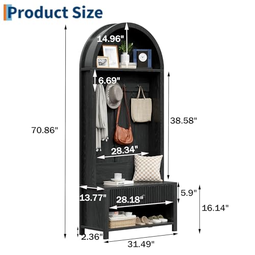 71-Inch Farmhouse Entryway Hall Tree with Coat Rack, Bench, and Shoe Storage