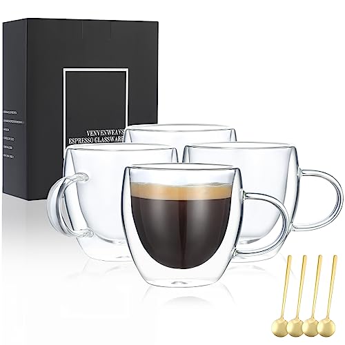 VENVENWEAVS 4-Pack 5oz Double Wall Hand Blown Espresso Cups - Gift Box
