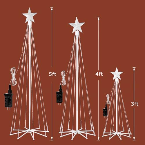 PINPON 3 Pack 3FT 4FT 5FT Outdoor Multicolor Cone Christmas Tree Lights with 8 Modes