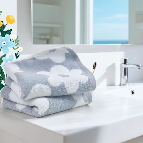 Floral Hand Towels, Dusty Blue Daisy Cotton Decorative Towel Set (2 Pack)