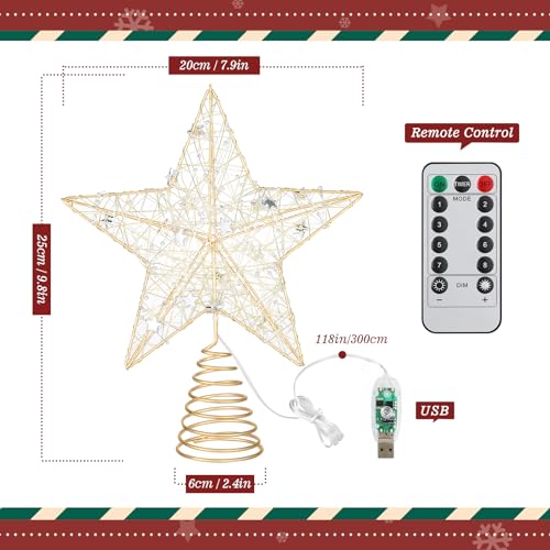 Lighted Christmas Star Tree Topper with 20 LED Lights & 8 Modes - 9.8 Inch