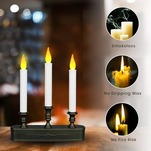 LitTerra Battery Operated Window Candle with Timer - 3 LED Antique Bronze Flickering Flames