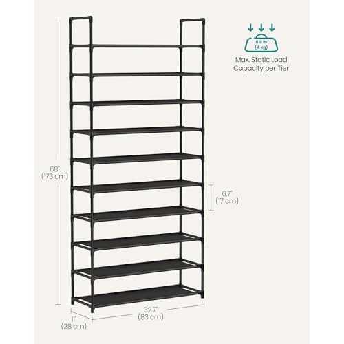 SONGMICS Shoe Rack, 10-Tier Shoe Shelf, Shoe Storage Organizer, 11 x 32.7 x 68 Inches, Metal Frame, Non-Woven Fabric Shelves, for Entryway, Bedroom, Black ULSH110BH01