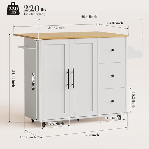 49.6-Inch Rolling Kitchen Island with Drop Leaf, Storage Cabinet, and Spice Rack