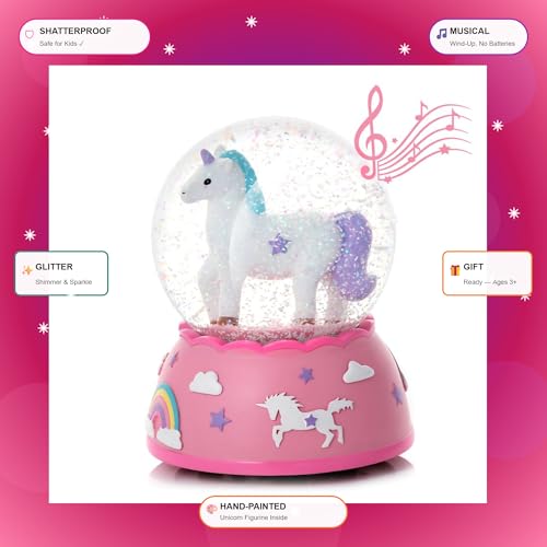 Shatterproof Unicorn Musical Snow Globe for Girls - Unbreakable Water Globe