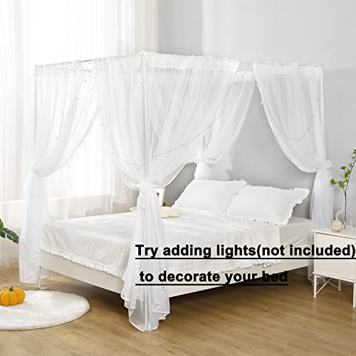 Soft Sheer White Chiffon Canopy Bed Curtain Set for Queen Size Bed