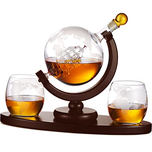 Godinger Whiskey Decanter Globe Set with 2 Etched Glasses, 850ml - Gift for Men