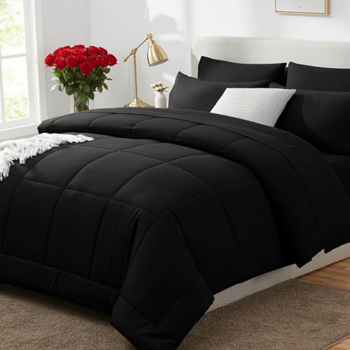 Black Queen Comforter Set - 7-Piece Bed in a Bag with Sheets & Pillowcases