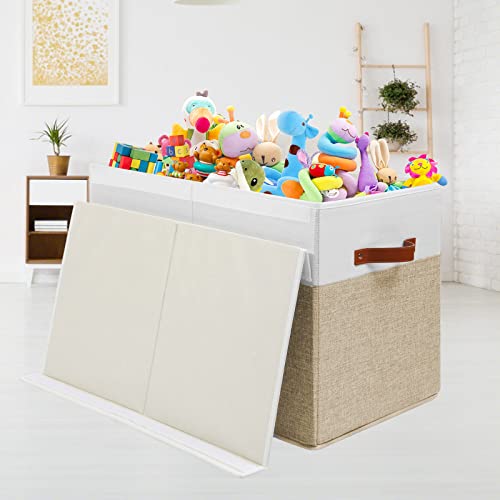 Large Toy Storage Box with Lid and Dividers, 25" Linen Toy Chest
