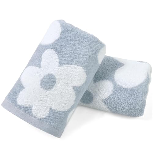 Floral Hand Towels, Dusty Blue Daisy Cotton Decorative Towel Set (2 Pack)