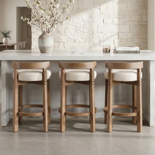 Mid-Century Linen Counter Stools, 26.5" Seat Height Bar Stools Set of 3