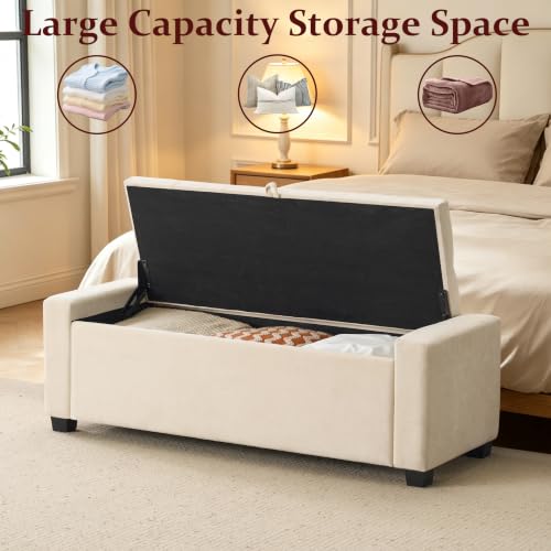 Tufted Linen Storage Bench Ottoman - Beige Upholstered Bedroom Seating