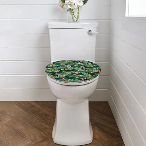 Christmas Candy Cane Toilet Seat Lid Cover for Bathroom – Universal 15"-21" Elf Holly Elastic Band