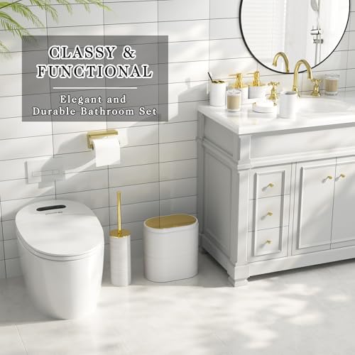 10-Piece Bathroom Accessory Set with Trash Can, White and Gold Organizer