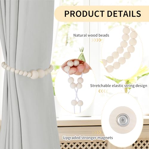 Magnetic Wood Bead Curtain Tiebacks - 2 Pack No-Drill Drape Holders