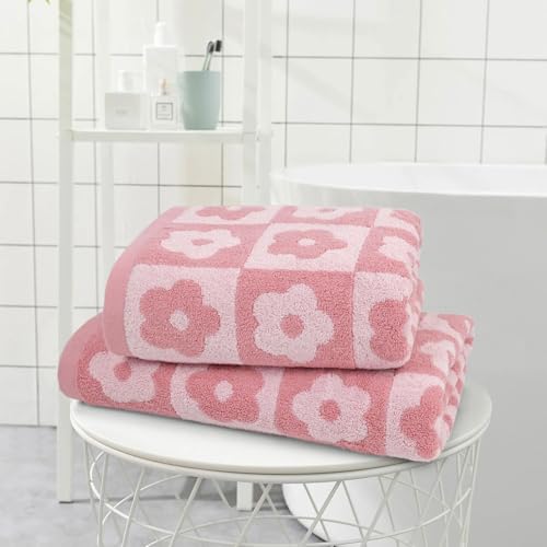 2-Piece Checkered Floral Bath Towel Set, Soft Cotton Shower Towels 27.5x55