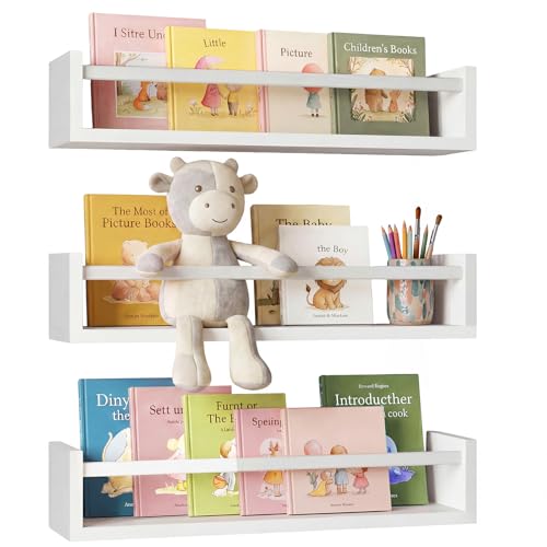 Set of 3 Floating Nursery Wall Shelves, 16.5-inch Solid Wood Book Ledges