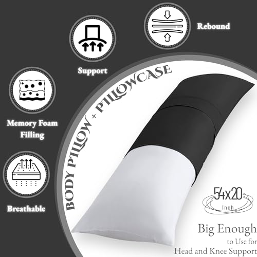 Memory Foam Body Pillow with Cover - 20x54 Inch, Pitch Black