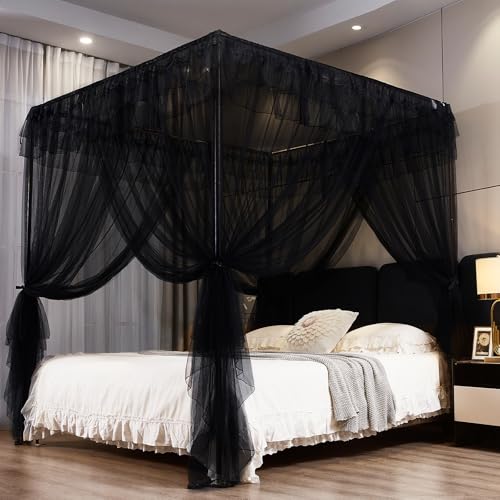 Black 4-Poster Bed Canopy Curtains - Queen Size Mosquito Netting