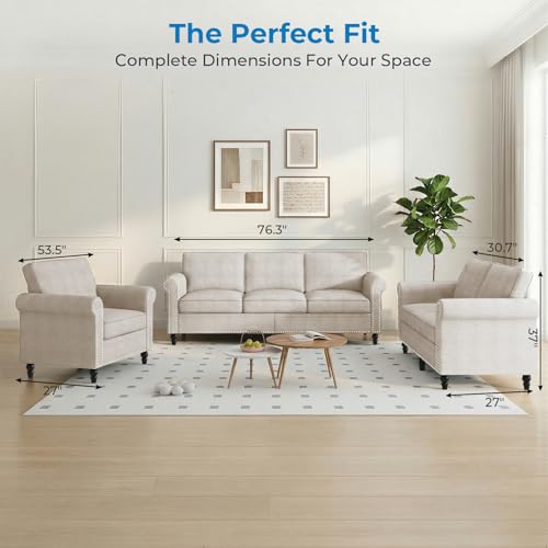 3-Piece Living Room Sofa Set, Linen Fabric Couch, Loveseat & Armchair