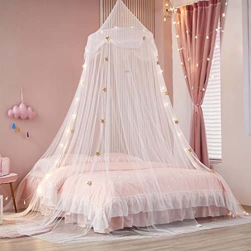 Princess Bed Canopy with Lights - Gold Star Dome Net for Kids Beds
