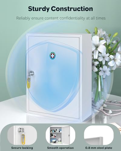 Locking Medicine Cabinet, Wall-Mounted Steel Medication Organizer with Keys