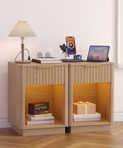 Fluted Nightstand Set with Charging Station and LED Light, 2-Piece