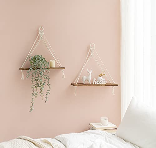 Boho Macrame Hanging Wall Shelves - Set of 2 Floating Wood Shelves