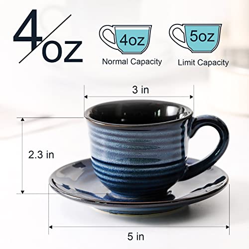 HASENSE Navy Blue 4oz Espresso Cups Set of 4 with Saucers - Small Ceramic Coffee Mugs for Espresso, Cappuccino, Tea, Latte