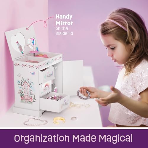Unicorn Musical Jewelry Box with Spinning Figure and Storage Drawers