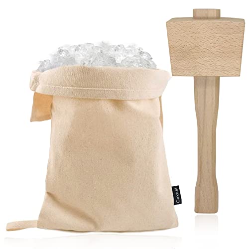 Cakasi Lewis Bag and Ice Mallet Crush Set - Wooden Ice Hammer & Reusable Canvas Bag for Cocktails & Drinks