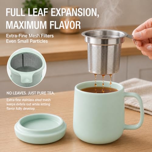 Tealyra Sumo Porcelain Loose Tea Mug with Infuser & Lid - Turquoise 15oz
