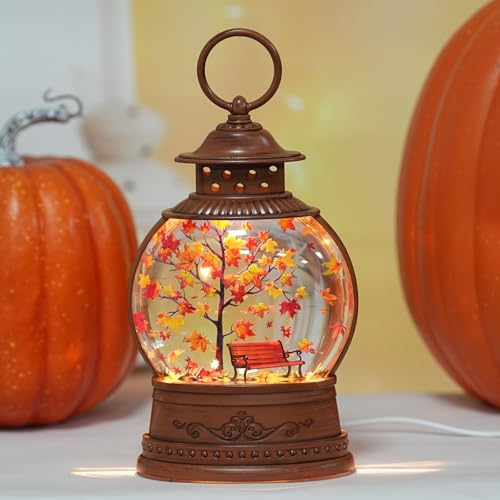Lighted Autumn Snow Globe Lantern with Timer - Fall Thanksgiving Decor
